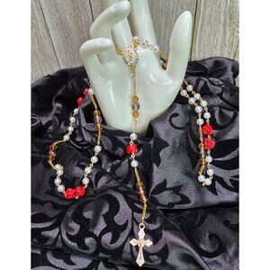 Handcrafted White Red and Gold Glass Pearl and Rose bead Rosary Christmas Gift